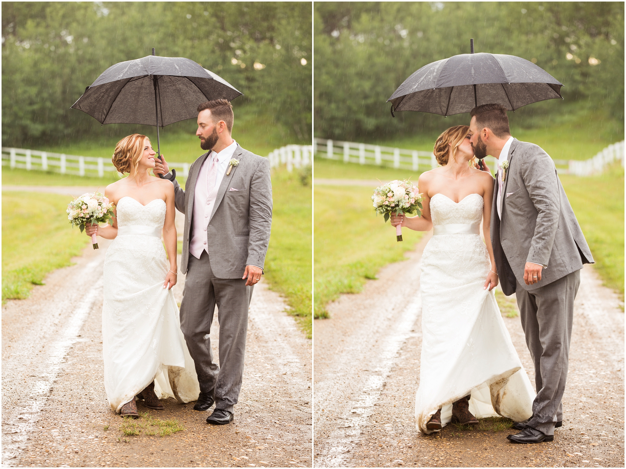 bride and groom photos in the rain