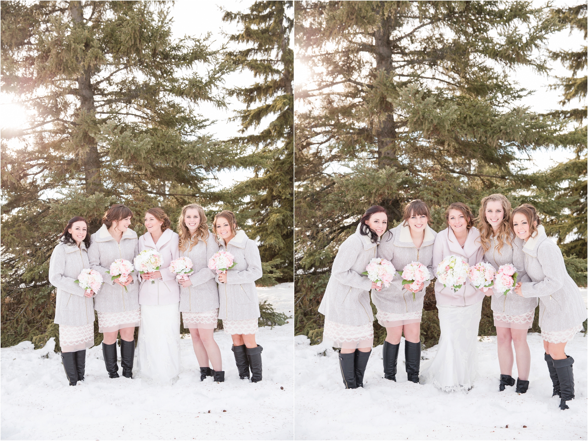 winter wedding photos bridal party matching jackets
