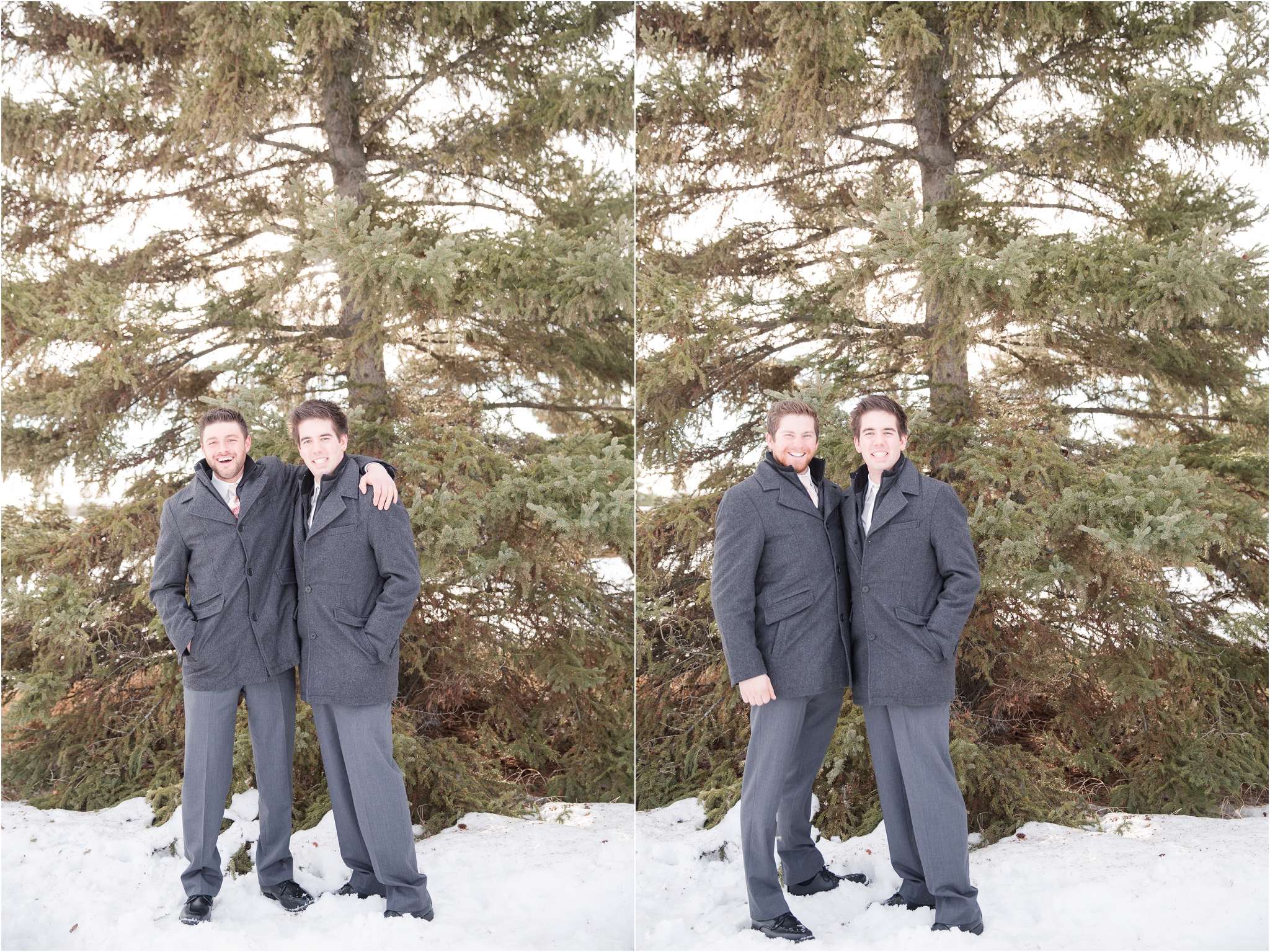 winter wedding photos groomsmen matching jackets