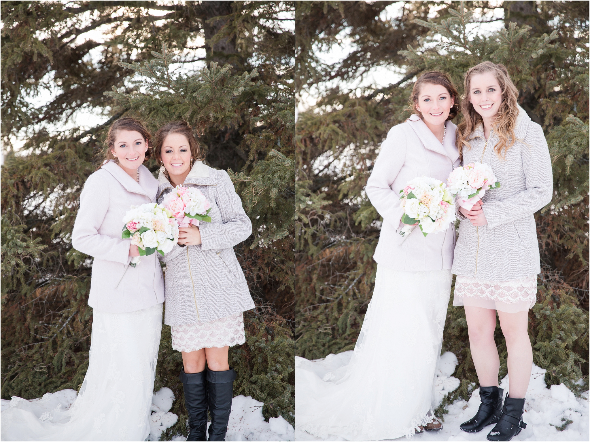 winter wedding photos bridesmaids matching jackets