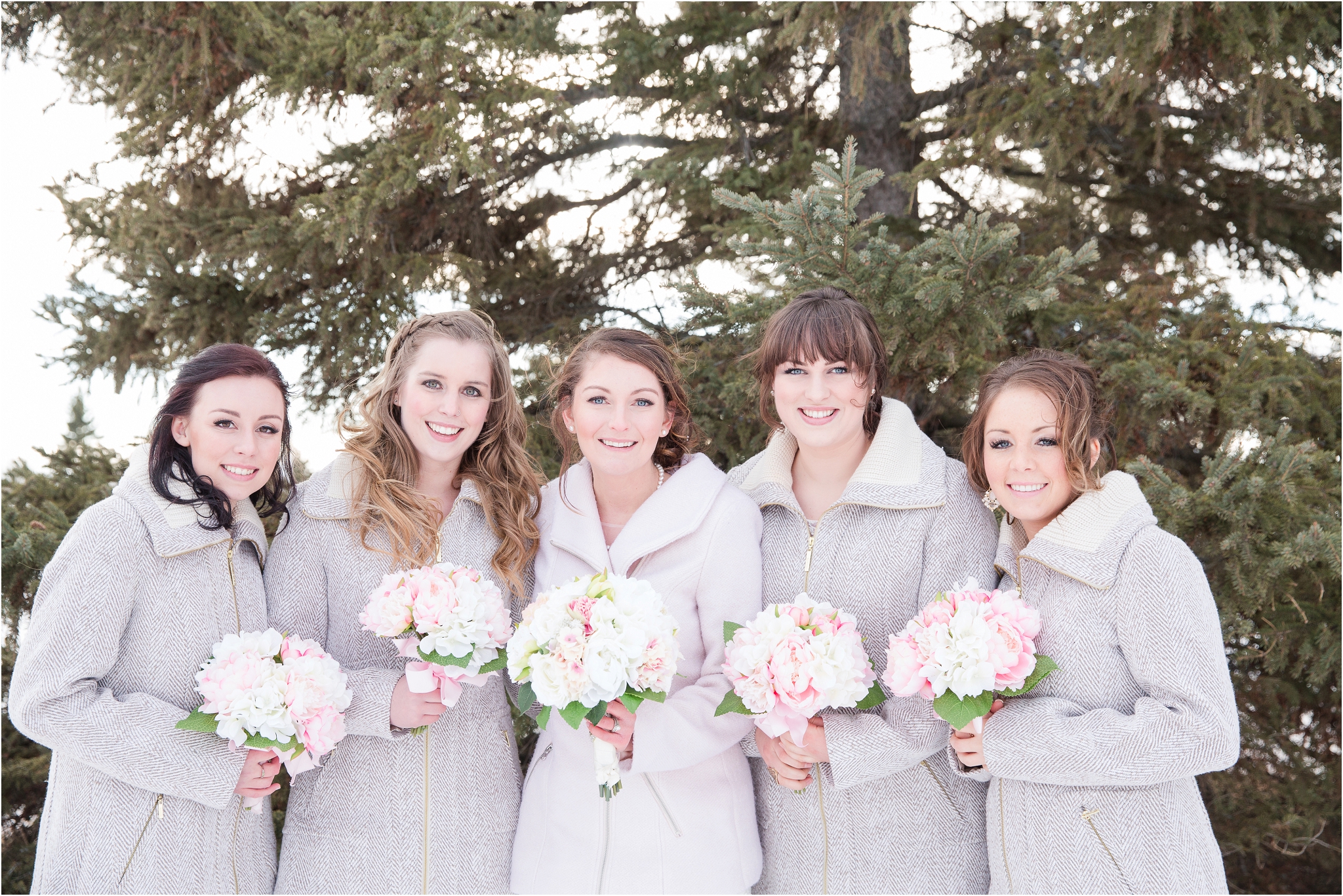winter wedding photos bridesmaids matching jackets