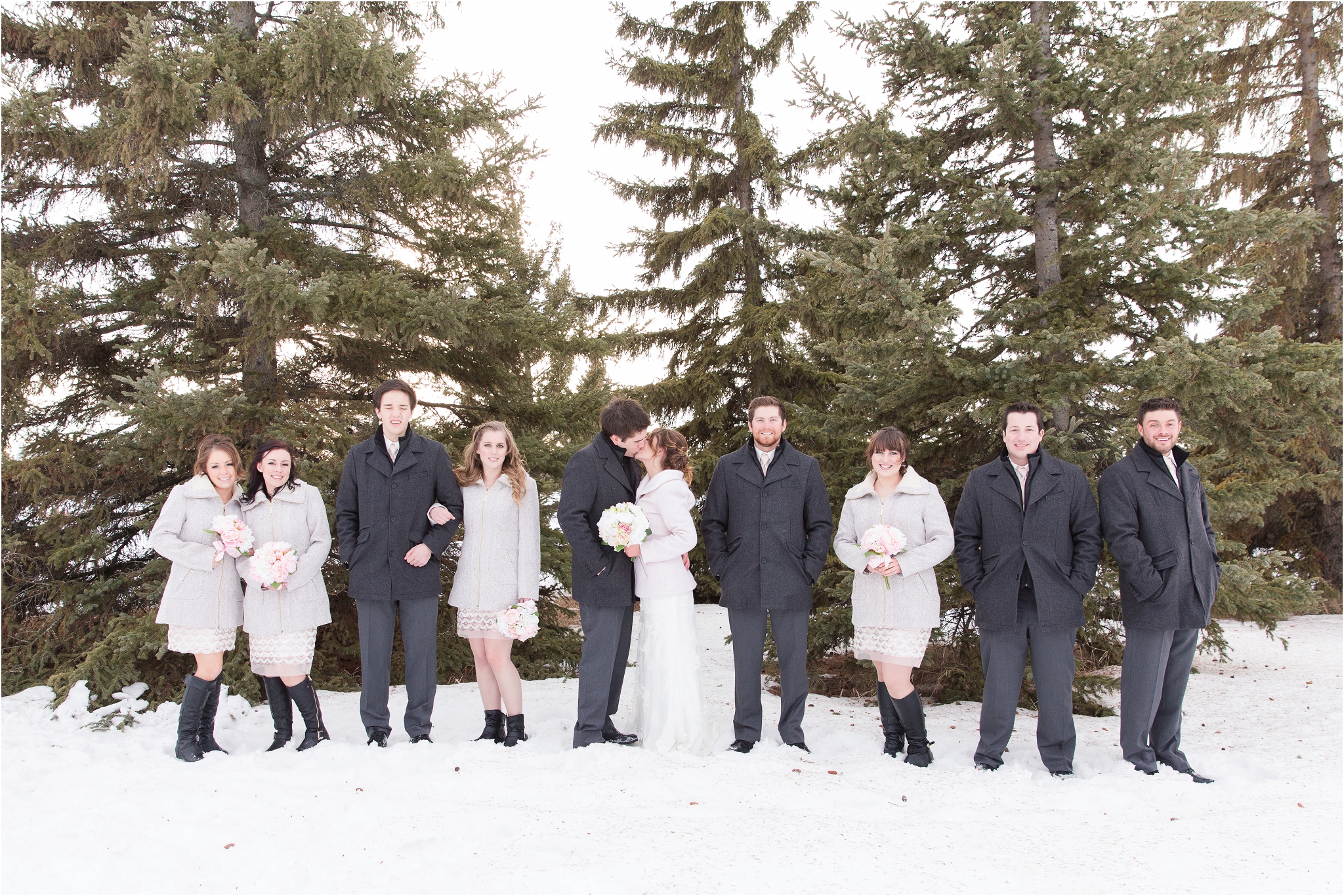 winter wedding photos bridal party matching jackets