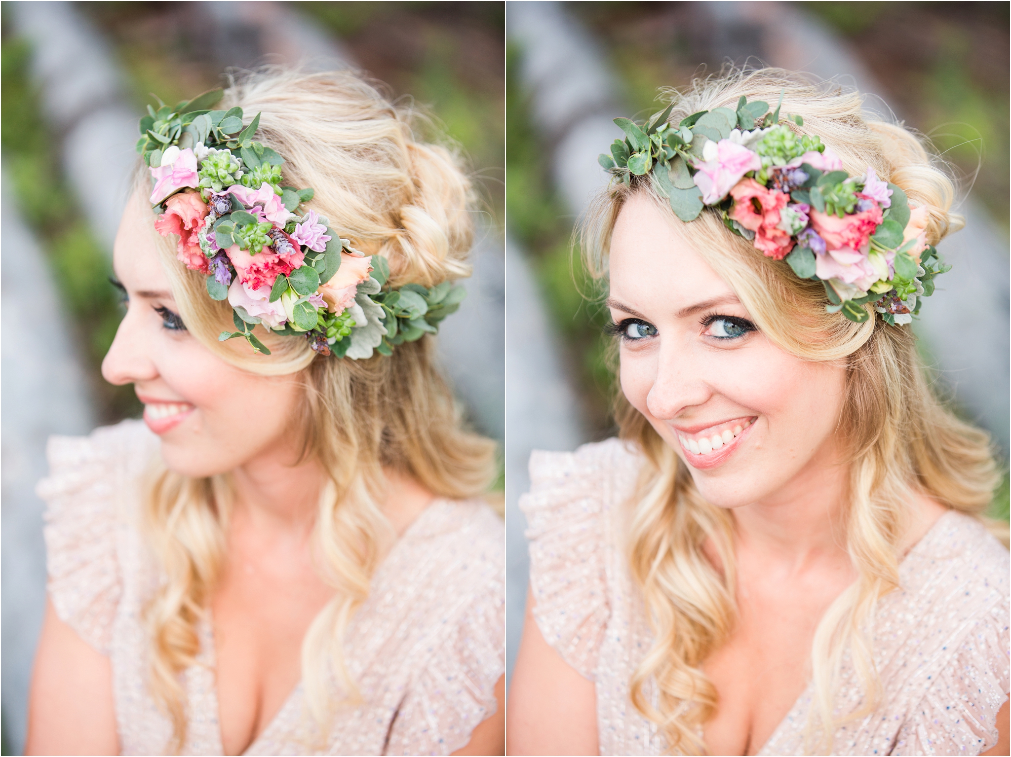 romantic engagement photos floral crown
