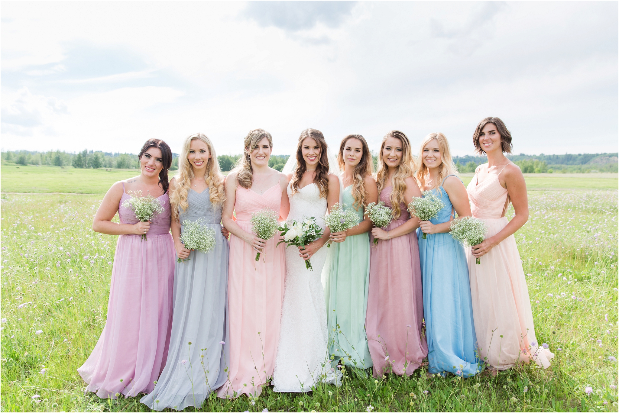 field wedding photos edmonton nc photography pastel bridesmaid dresses