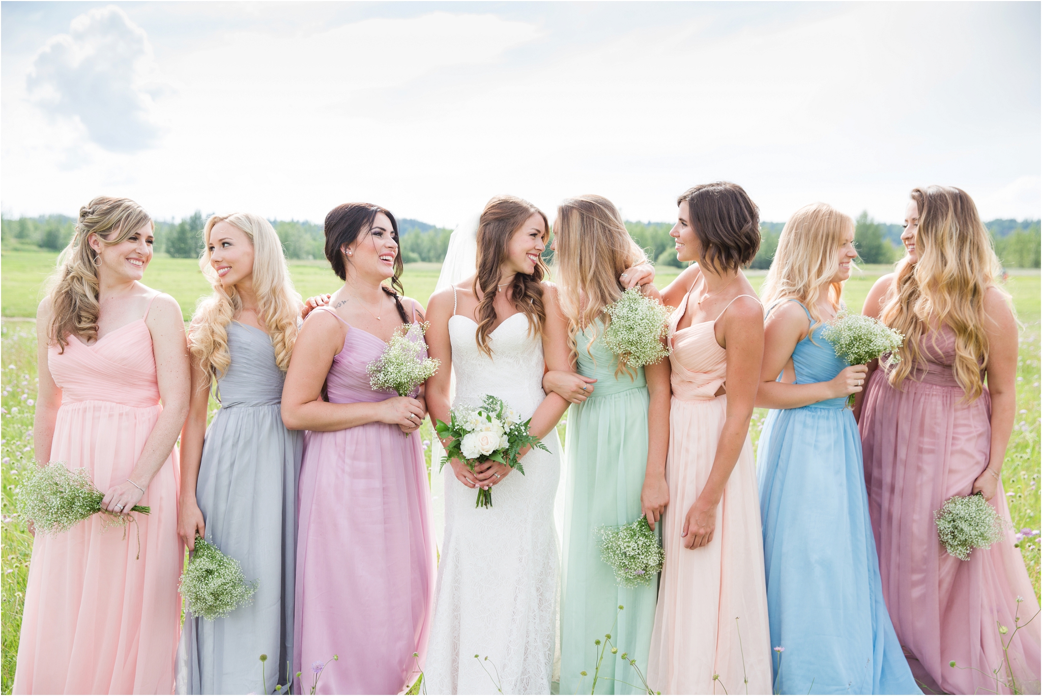 field wedding photos edmonton nc photography pastel bridesmaid dresses
