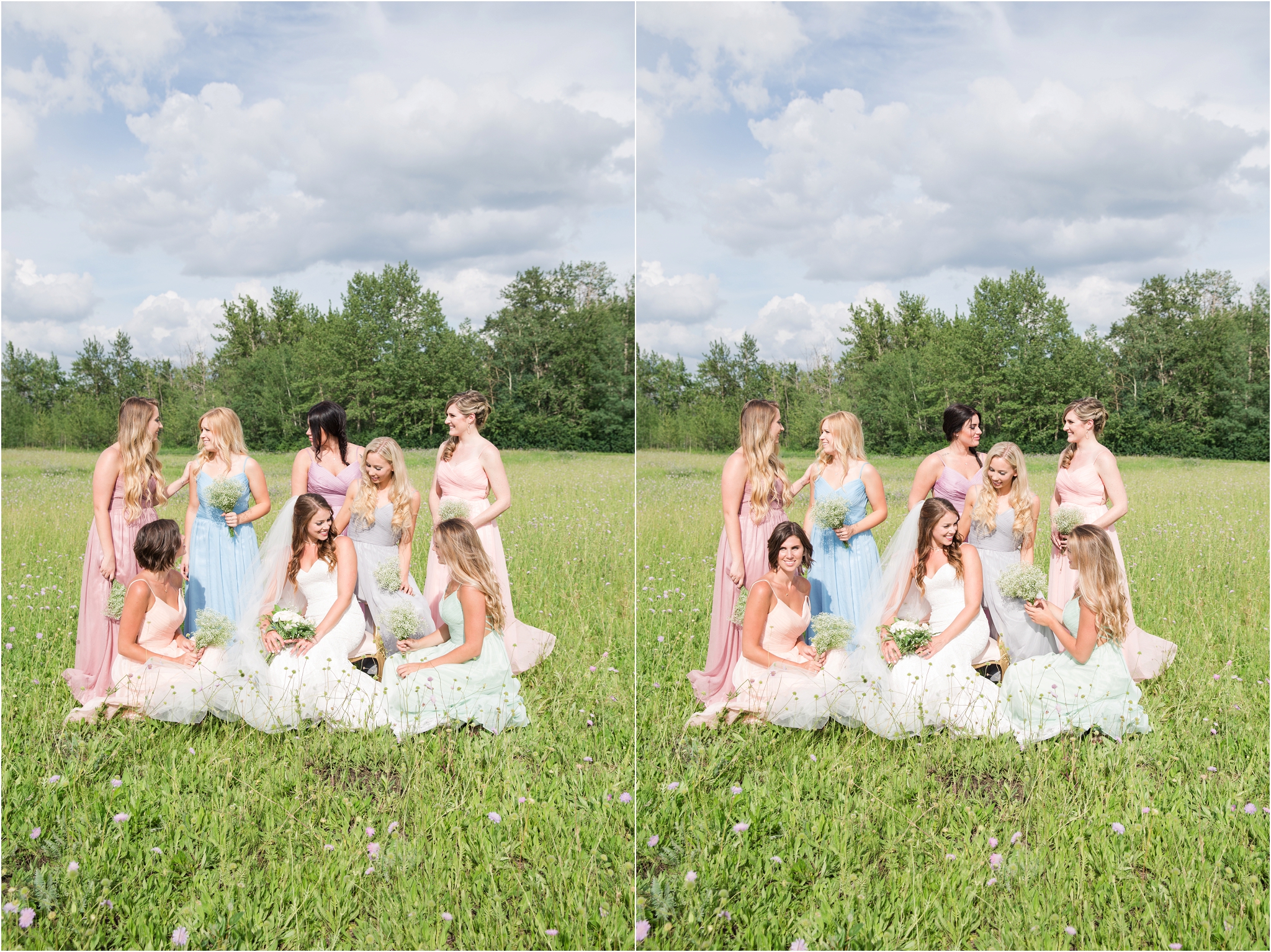 romantic field wedding photos edmonton nc photography pastel bridesmaid dresses