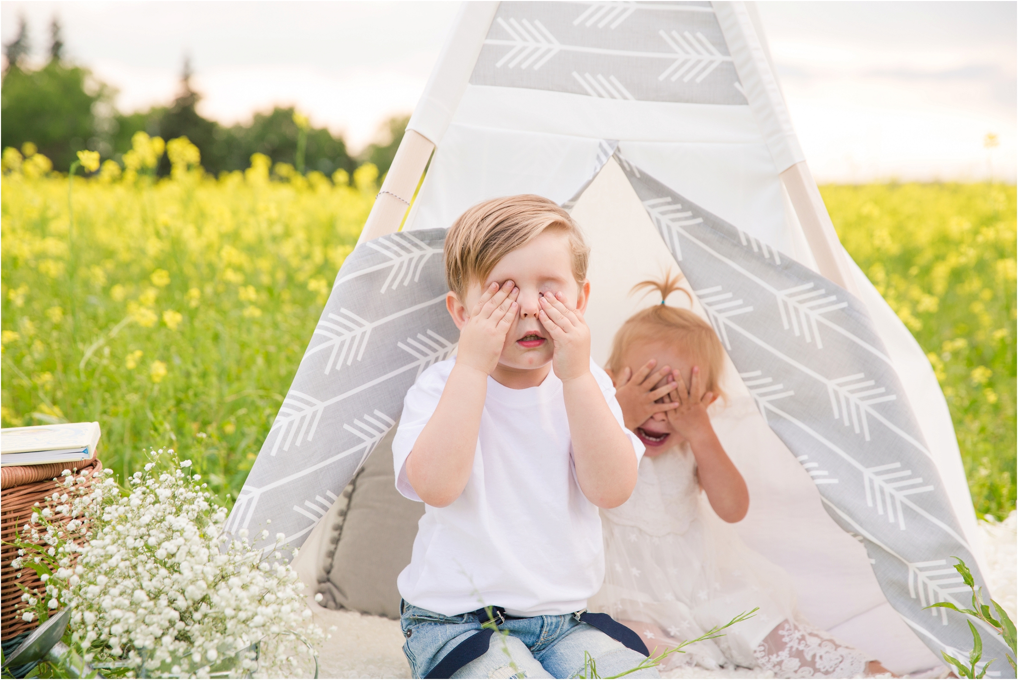 edmonton family photographer style childrens photoshoot canola field teepee