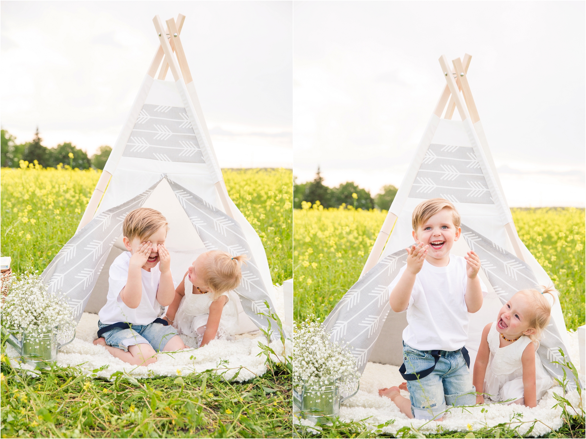 edmonton family photographer style childrens photoshoot canola field teepee