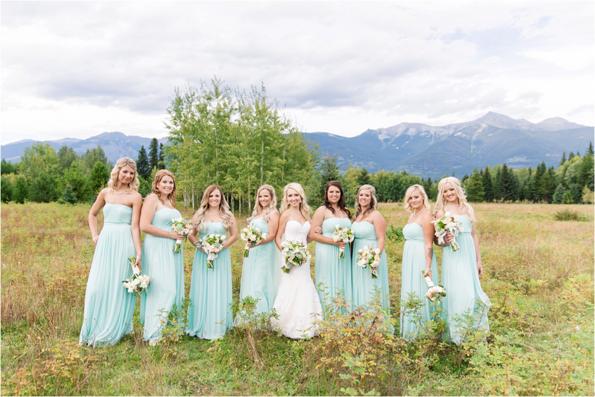 mountain wedding photos mint bridesmaid dresses