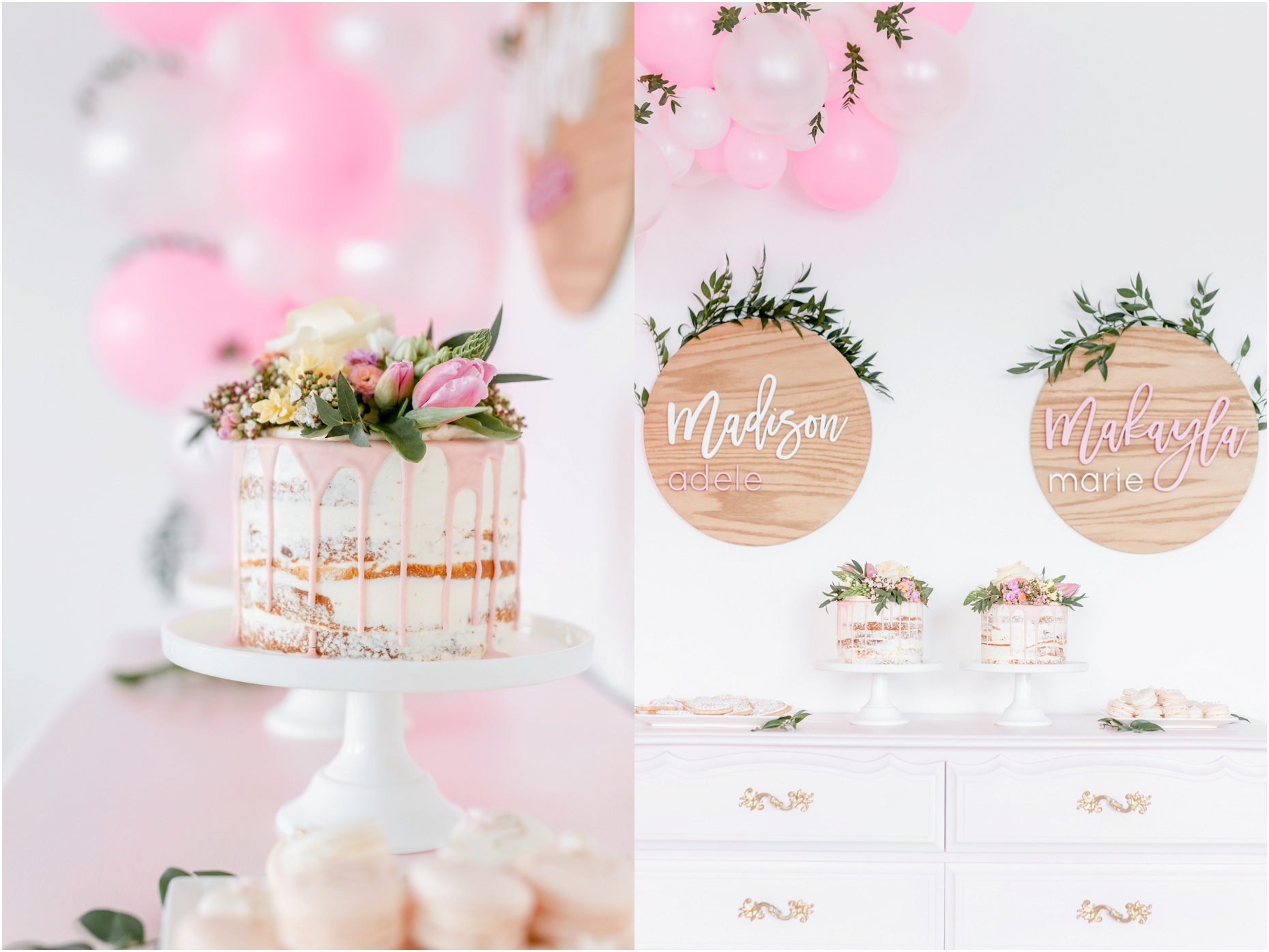 pink and white boho first birthday, first birthday photos, edmonton family photographer, twins, twin girls first birthday, the art of cake, nc photography, yeg photographer, floral crown, fabloomosity, party decor, balloon arch, balloon garland