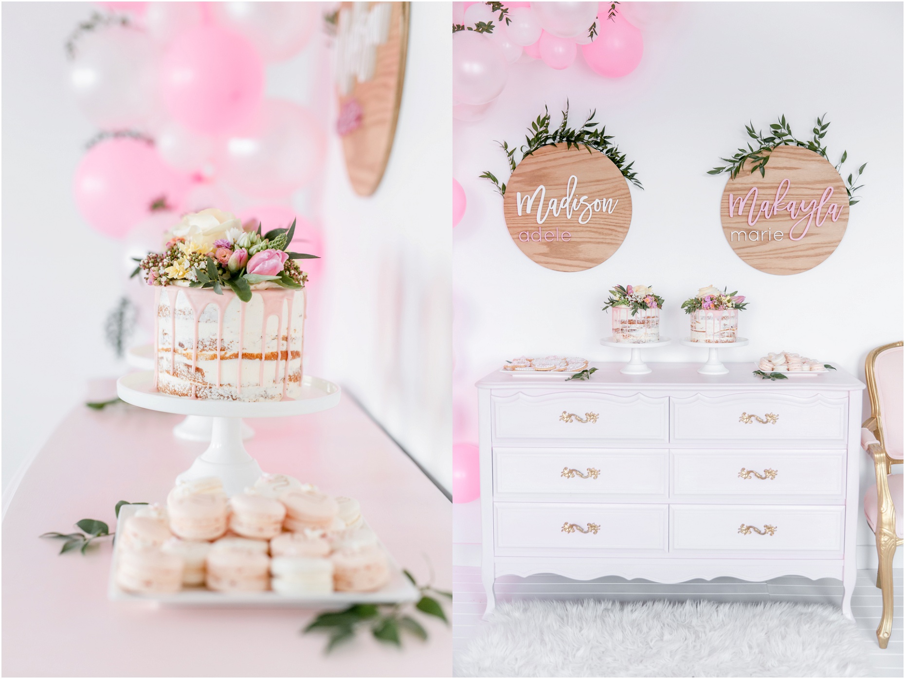 pink and white boho first birthday, first birthday photos, edmonton family photographer, twins, twin girls first birthday, the art of cake, nc photography, yeg photographer, floral crown, fabloomosity, party decor, balloon arch, balloon garland
