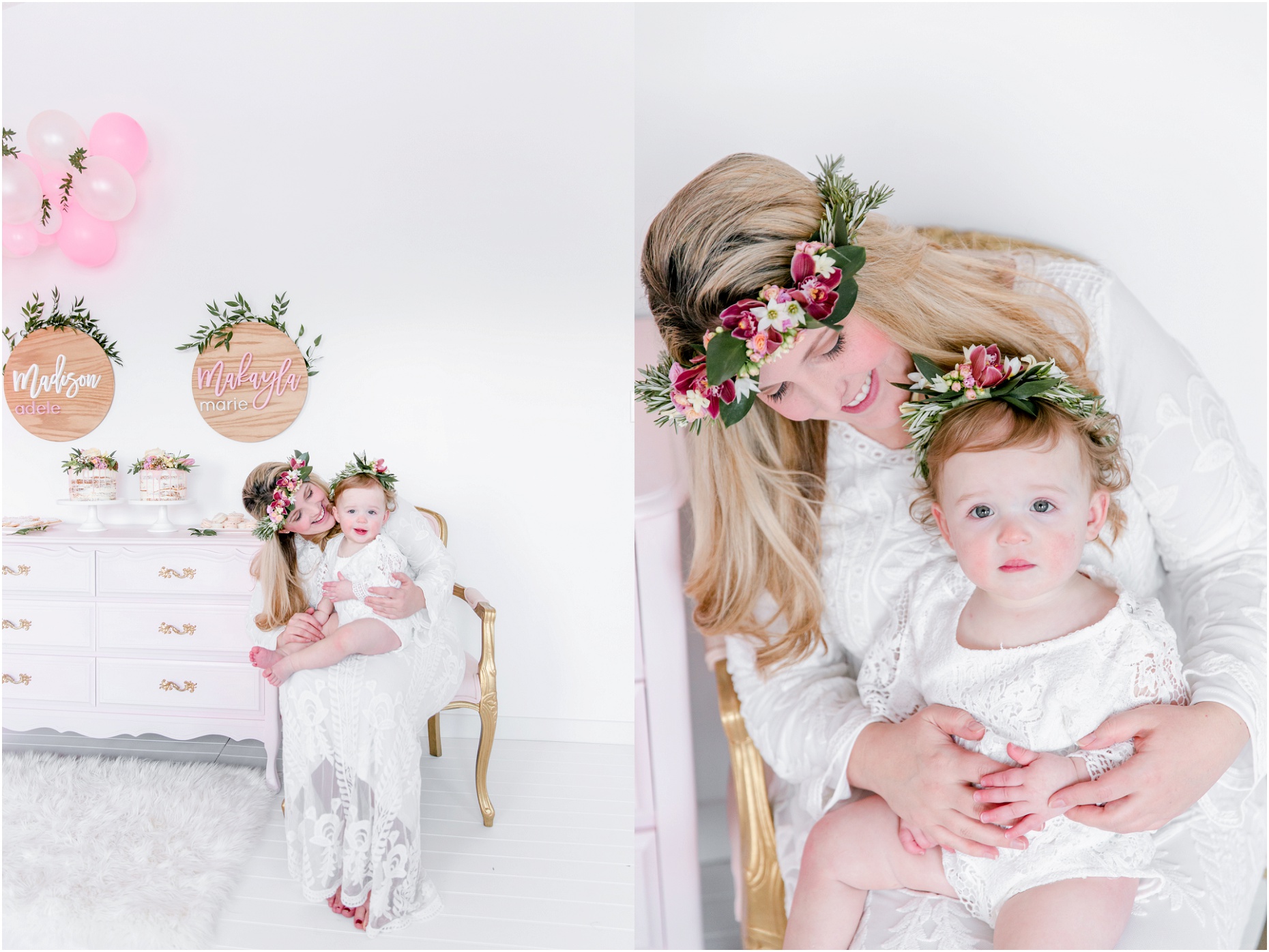 pink and white boho first birthday, first birthday photos, edmonton family photographer, twins, twin girls first birthday, the art of cake, nc photography, yeg photographer, floral crown, fabloomosity, party decor, balloon arch, balloon garland, mother and daughter photos, mommy and me floral crowns