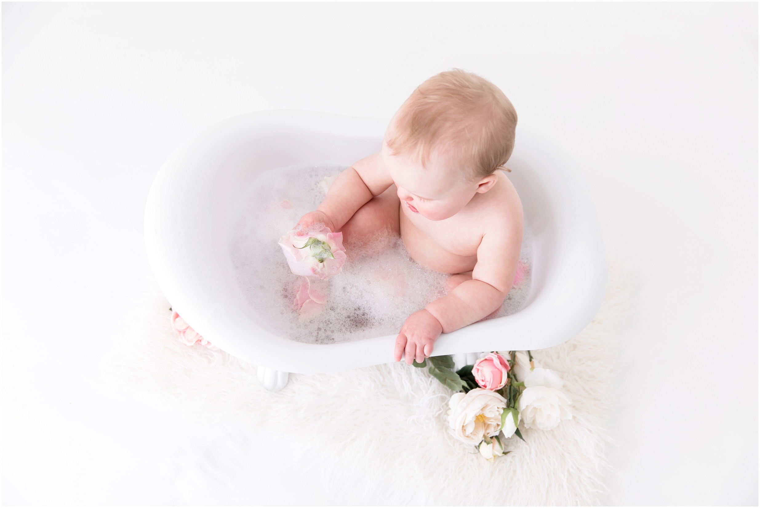 bubble bath photos, cake smash, edmonton family photographer, nc photography, first birthday photos, milk bath photos